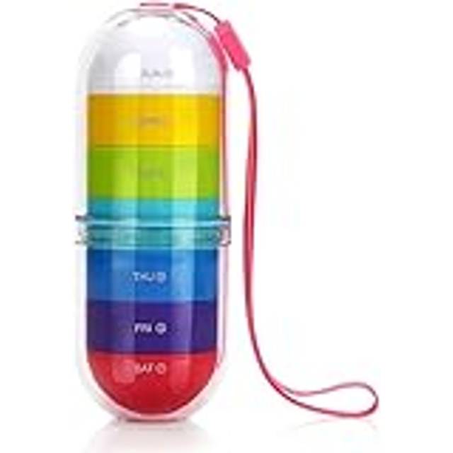 Bärbar medicinlåda, p-piller, 7 dagars morgonkväll 7 fack Regnbåge Cylindriska stora fack Läkemedelslåda for förvaring av vitaminer, fiskoljetabletter, mediciner eller ytterligare preparat (Color : T