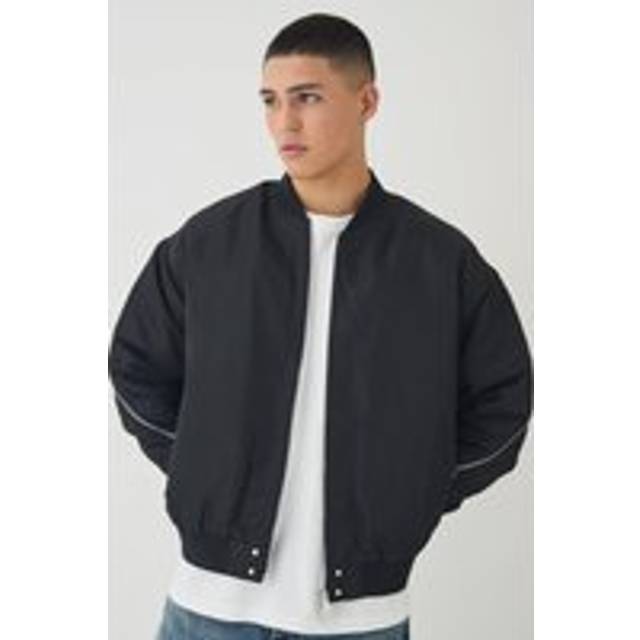 Mens Black Oversized Boxy Zip Detail High Shine Bomber Jacket