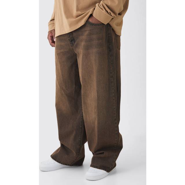 Mens Brown Plus Baggy Rigid Double Waistband Denim Jeans