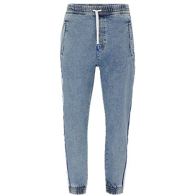 Boss Mens Turquoise/aqua Branded-taping Drawstring-waist Cotton-denim Trousers M - TURQUOISE/AQUA