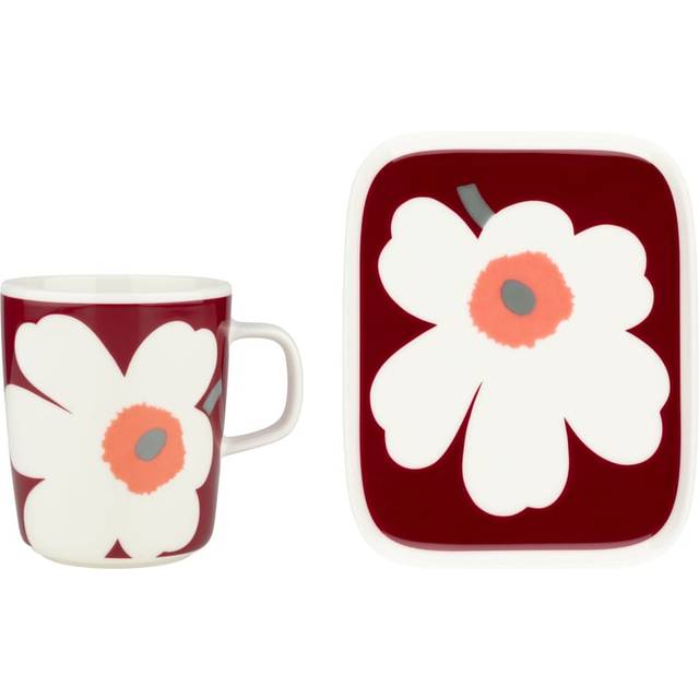 Marimekko Unikko 60-årsjubileum mugg 25 cl+tallrik 12x15 cm White-dark cherry-ash grey - Röd
