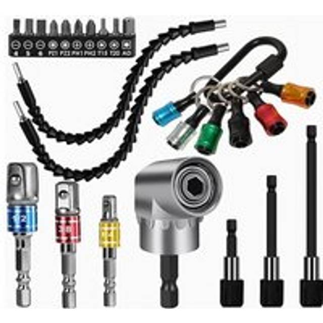 Tlily - 26Pcs Flexible Drill Bit Extension Set,105° Right Angle Attachment,1/4 3/8 1/2Inch Impact Driver Socket Adapter