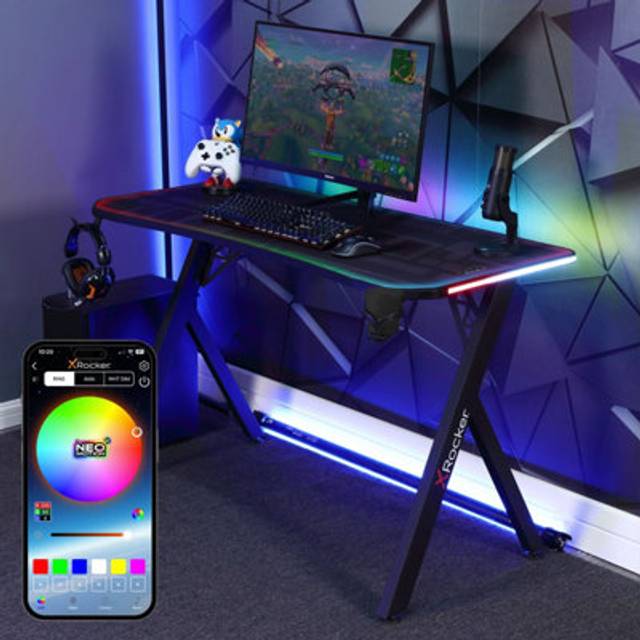 X Rocker Lumio Compact Gaming Desk With 3 Sided App Controlled Led Lighting, Black
