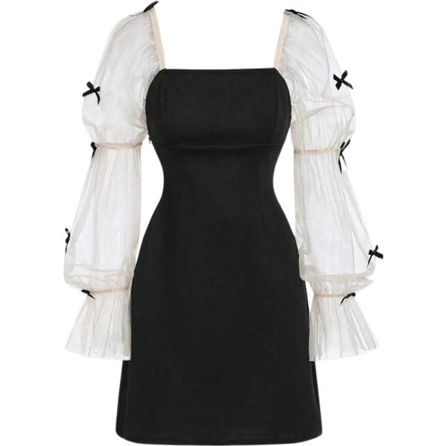 SHEIN Tween Girl Black Dress With Bowknot Decor, Bubble Sleeves, For Party & School Events, Stylish & Cute, Autumn