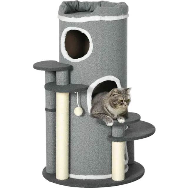 PawHut Barrel Shaped Cat Tree for Indoor Cats with Sisal Scratching Posts - Grey | TJ Hughes