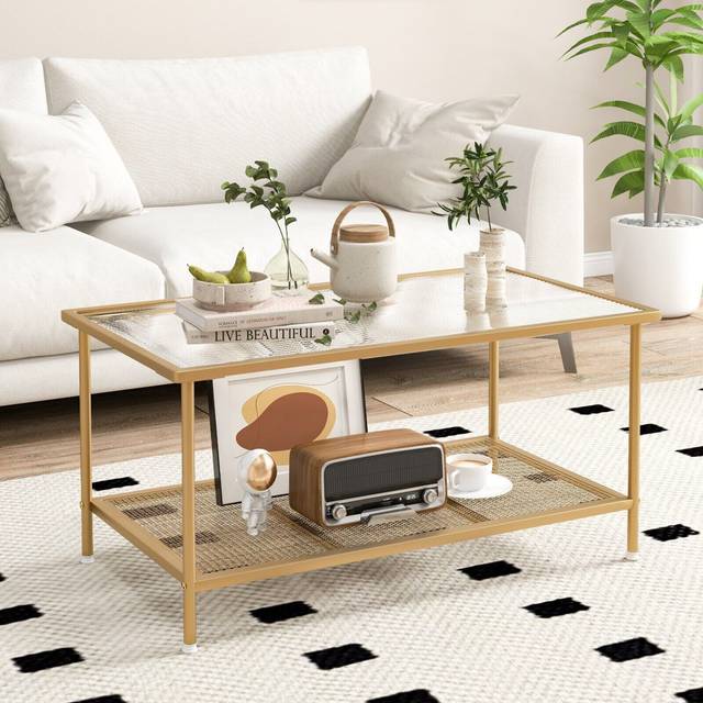 Fairmont Park 2-Tier Coffee Table Rectangle Cocktail Accent Table With Tempered Glass Top White 46cm H X 90cm W X 50cm D