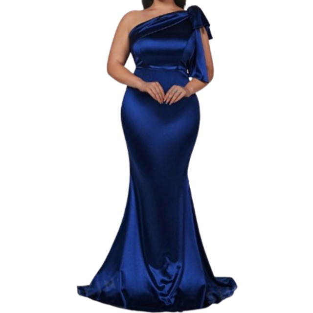 Glamrae Plus Size Asymmetrical Neck Elegant Satin Formal Evening Dress With Bowknot Detail, Navy Blue (Highly Decorated) Prom Dress, For Wedding Guest, Gradua