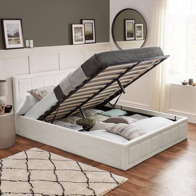 Home Treats Ottoman Bed With Mattress King Size White 150 x 200cm | Cream Storage Bed 5ft | Upholstered Storage Bed Plush Boucl? Fabric (Pocket Sprung