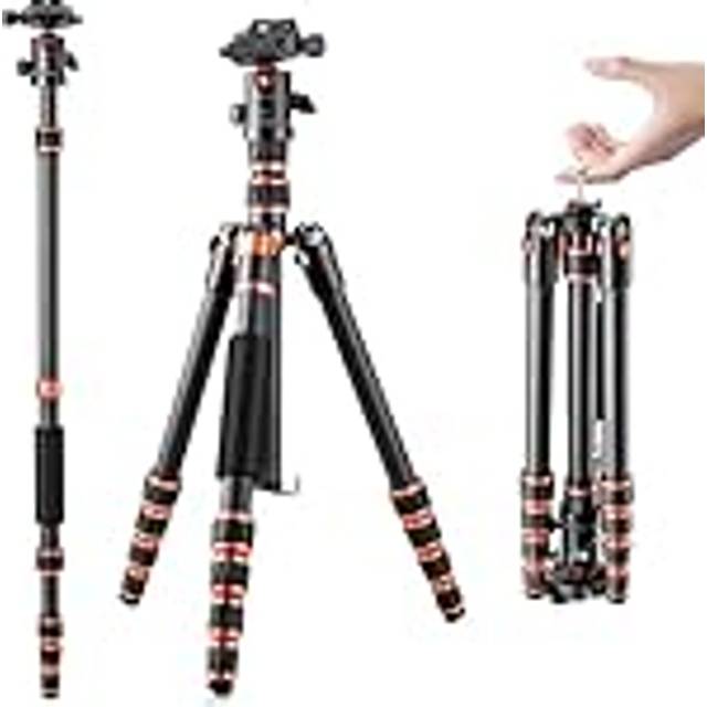 K&F Concept Kamerastativ, Lätt Resestativ i Kolfiber, Kompakt Stativ för Fotografering med Enbensstativ, 360° Kulhuvud och Utlösningsplatta för DSLR Kamera C225C0+BH-25(BA225)