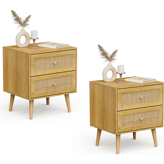 Vonhaus Bedside Tables Set Of 2 For Bedroom, Scandi Natural Rattan 2 Drawer Nightstand - Side Table For Living Room Storage - One Size