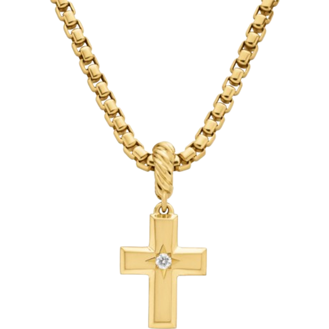 Cross Amulet in 18ct Yellow Gold with Center Diamond, 23.8mm