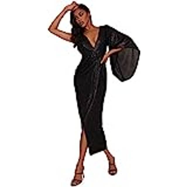Plunge Sequin Wrap Midi Dress in Black - 16
