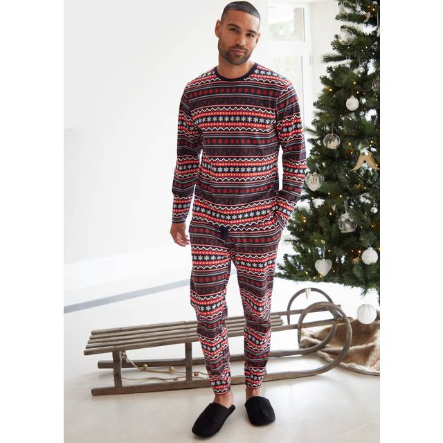 Cotton Long Sleeve Christmas Fairisle Pyjama Set - Red - Extra Large - Threadbare