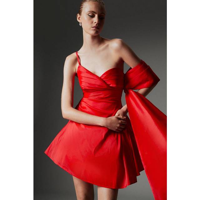 Archive Collection - Petite Taffeta Draped Shoulder Mini Dress - Red