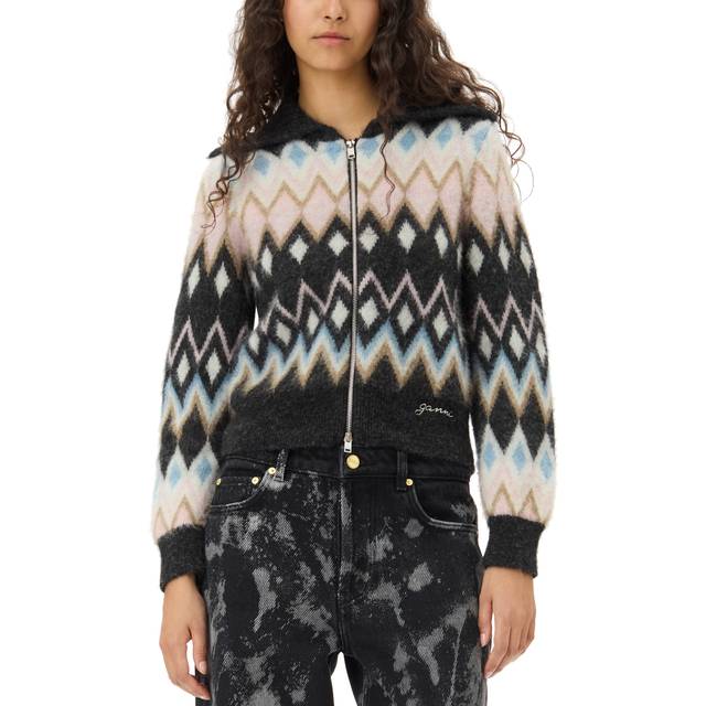 Ganni Fine Brushed Wool-Blend Knit Cardigan - L - Black