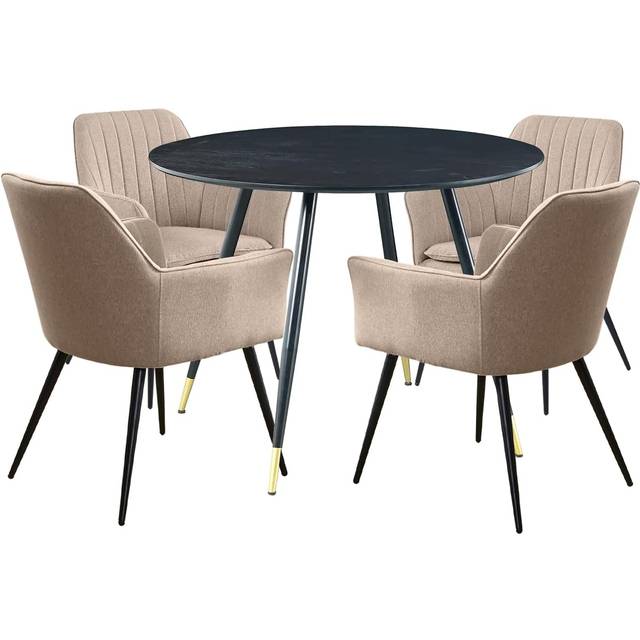 Small round dining table in black finish and 4 light brown fabric chairs