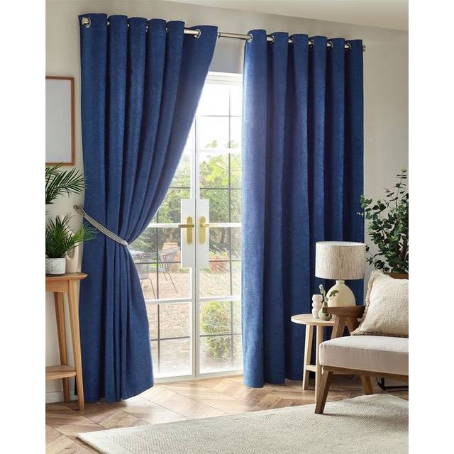 Chenille Blackout Ring Top Eyelet Curtains - Blue - 117cm width x 137cm drop