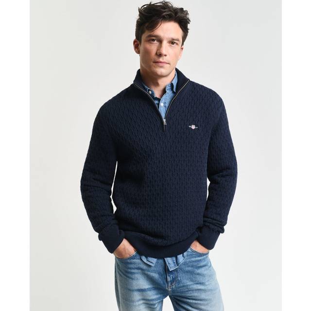 GANT Mens Evening Blue Textured Cotton Half Zip Sweater - Navy - XX-Large