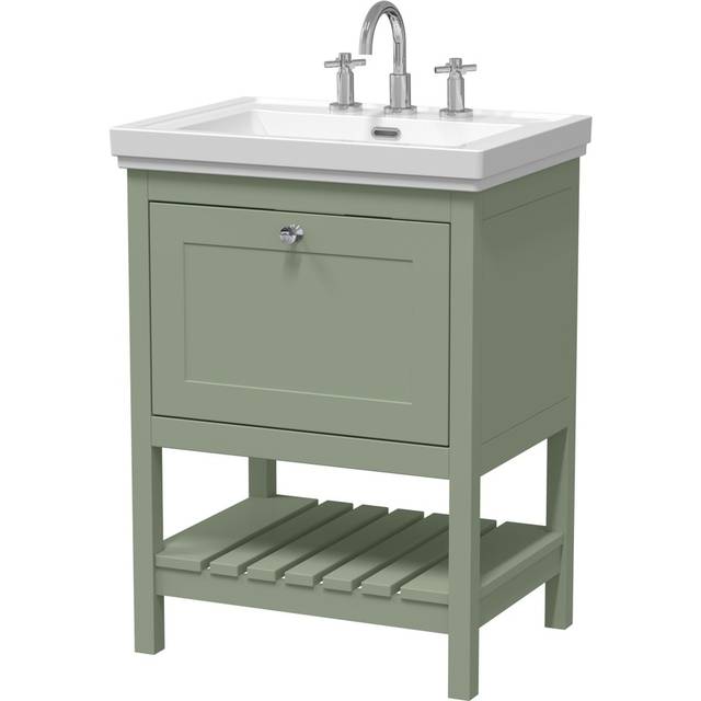 Traditional Furniture Floor Standing 1 Drawer Vanity & 3 Tap Hole Fireclay Basin, 600mm, Fern Green