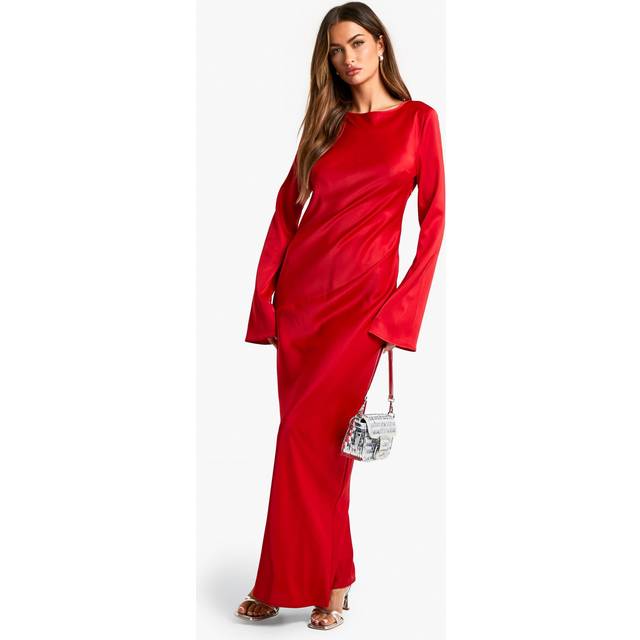 Womens Satin Column Maxi Dress - Red - 10