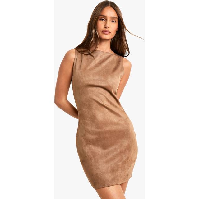 Womens Faux Suede Slash Neck Mini Dress - Beige - 12