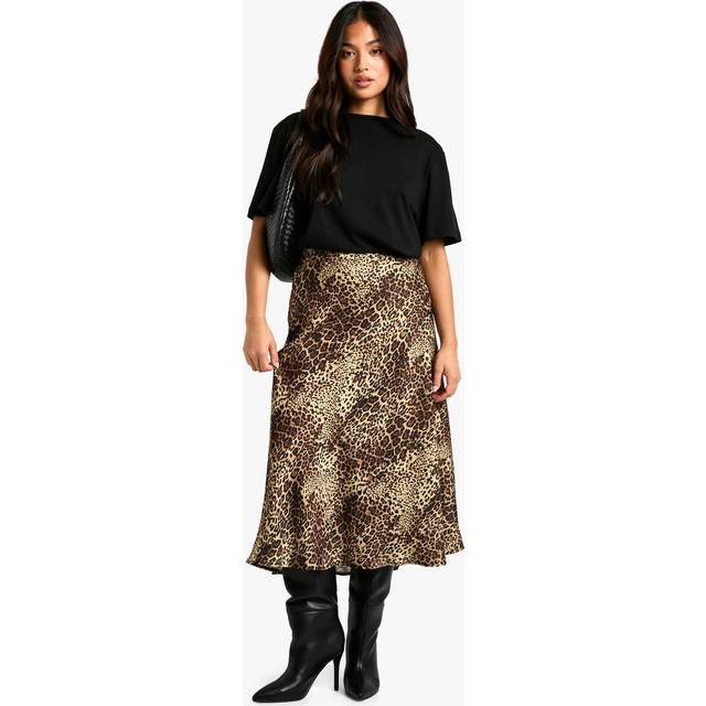 Womens Petite Leopard Satin Midaxi Skirt - Multi - 8, Multi