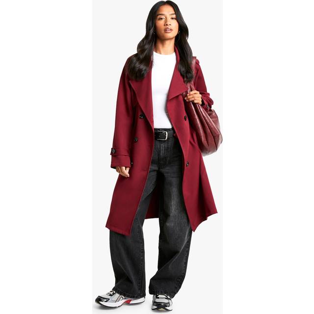 Womens Petite Button Detail Belted Trench Coat - Red - 10, Red