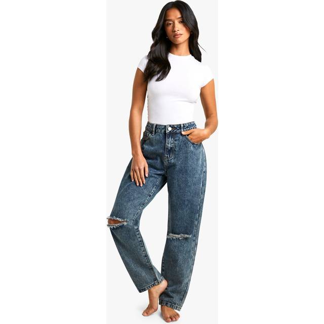 Womens Petite Basics High Waisted Ripped Mom Jean - Blue - 16/28L