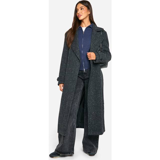 Womens Textured Wool Look Trench Coat - Grey - 10, Grey