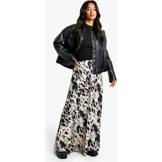 Womens Petite Cow Print Satin Maxi Skirt - Multi - 16, Multi