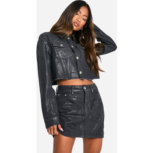 Womens Coated Denim Mini Skirt - Blue - 14