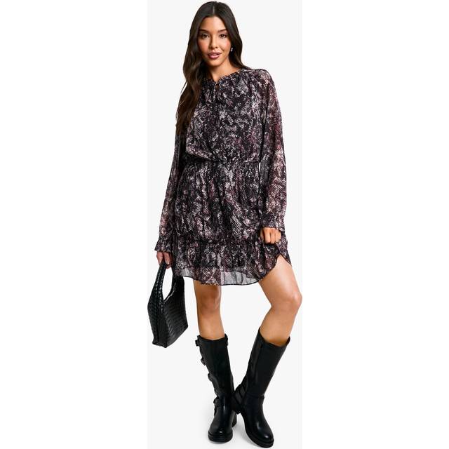 Womens Snake Print Chiffon Long Sleeve Skater Dress - 8, Snake