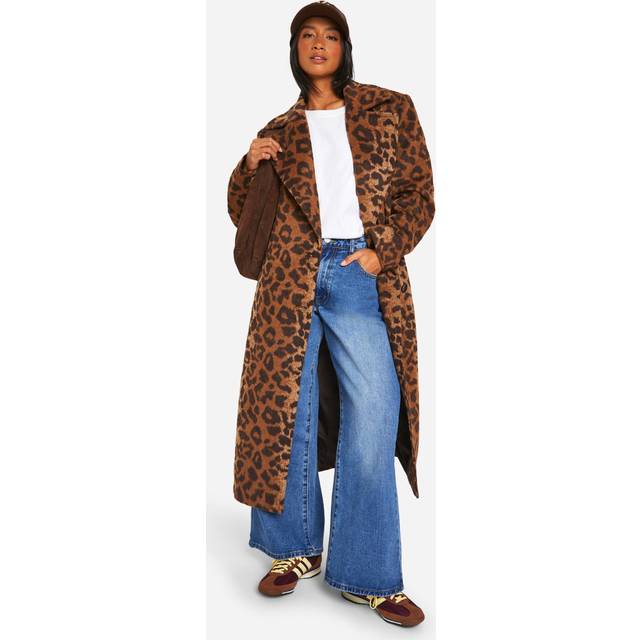 Womens Petite Leopard Print Oversized Wool Look Coat - Multi - 10, Multi