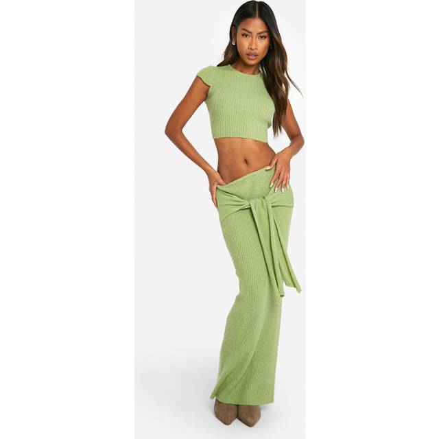 Womens Rib Knit Top & Draped Maxi Skirt Co-Ord - Green - Xl, Green