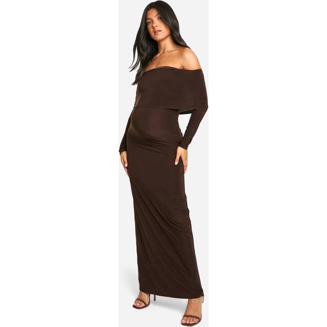 Womens Maternity Slinky Deep Bardot Long Sleeve Maxi Dress - Brown - 8