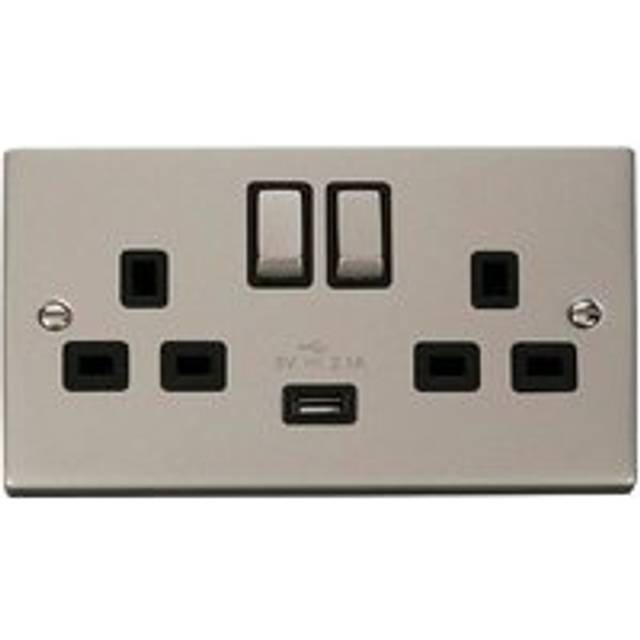 Se Home - Pearl Nickel 2 Gang 13A dp Ingot 1 usb Twin Double Switched Plug Socket - Black Trim