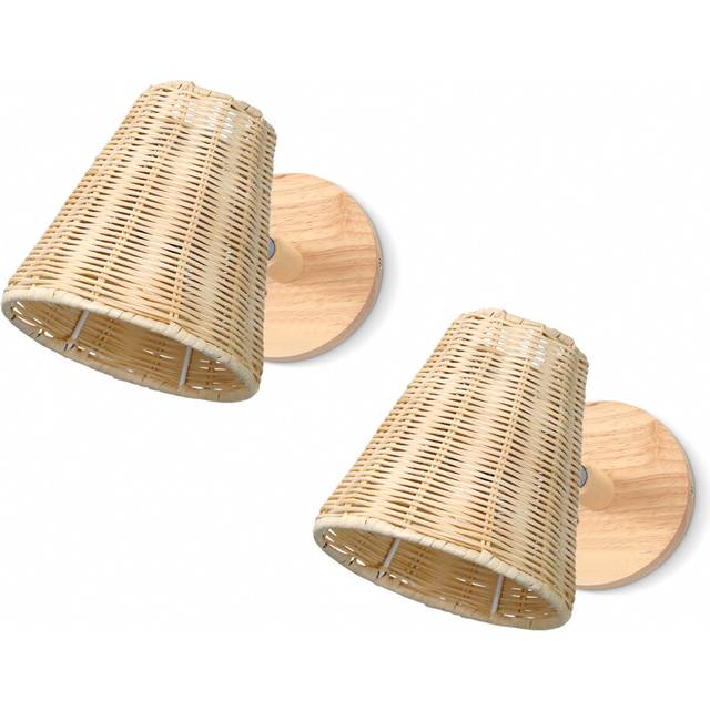 (2X) Hand-Woven Wall Lamp, Rattan Wall Lights, Wooden Wall Lights, Modern Retro Wall Lights for Bedroom, Living Room Balcony