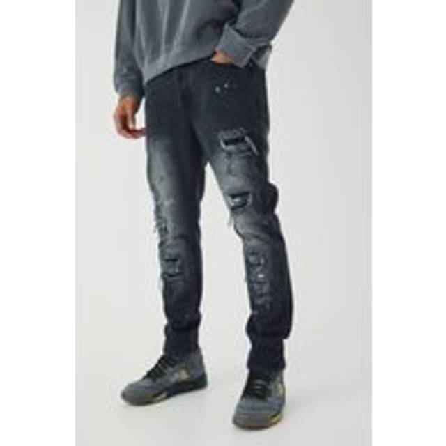 Mens Washed Black Slim Rigid Paint Splat Ripped Jeans