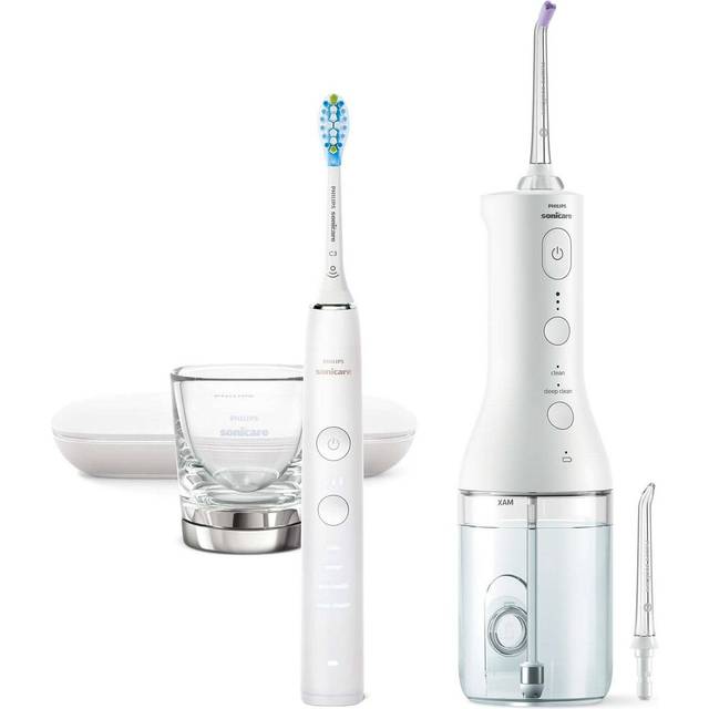 Philips Sonicare Cordless Power Flosser DiamondClean 9000 mundusch och eltandborste – för att borsta tänderna, rengöra tandköttet och ta bort plack, i vitt (modell HX3866/41), Vit