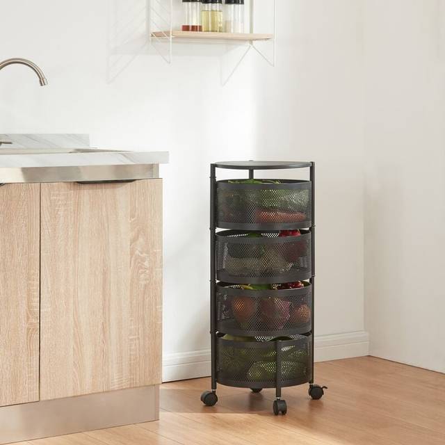 [en.casa] Rullvagn, stigning med 4 nivåer kökshylla med hjul, serveringsvagn av stål, utfällbara korgar, hylla för kök, badrum 74,5 x Ø 33 cm, svart