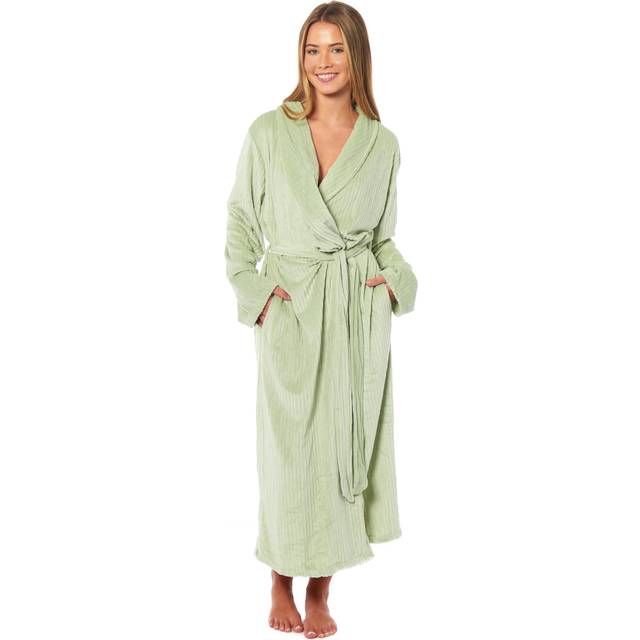Women's Stripe Jacquard Soft Warm Long Dressing Gown with Belt and Pockets Cosy Shawl Collar Loungewear Robe By Daisy Dreamer, LARGE | UK 16-18 / SAGE GREEN