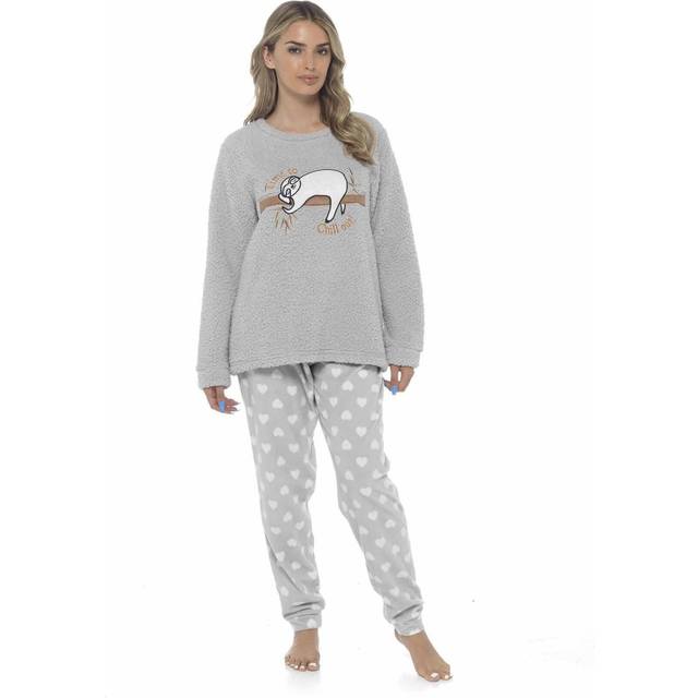 Women's Cozy Sloth Teddy Fleece Pyjama Set Super Soft Warm Loungewear Sleepwear with Trendy Design and Comfortable Fit Pants Perfect for Cold Nights Multiple Sizes by Daisy Dreamer, X LARGE | UK 20-22