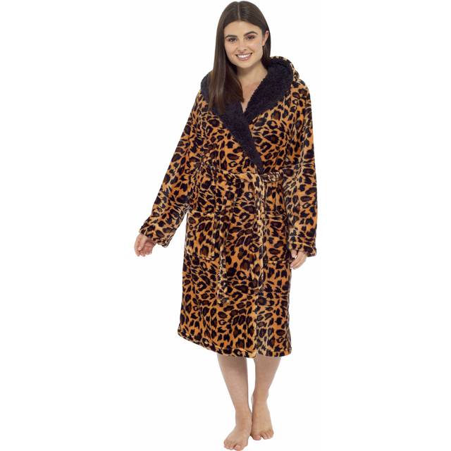 Leopard Print Plush Fleece Hooded Bath Robe with Sherpa Fur by Daisy Dreamer Women's Ultra-Soft Cozy Loungewear in Small Medium Large X-Large, LARGE | UK 16-18