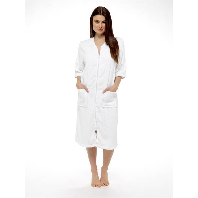 Women's Cotton Terry Towelling Bath Robe Zip Through Ultra Absorbent Soft and Luxurious Dressing Gown Perfect for Post Shower Relaxation by Daisy Dreamer, X LARGE | UK 20-22 / WHITE