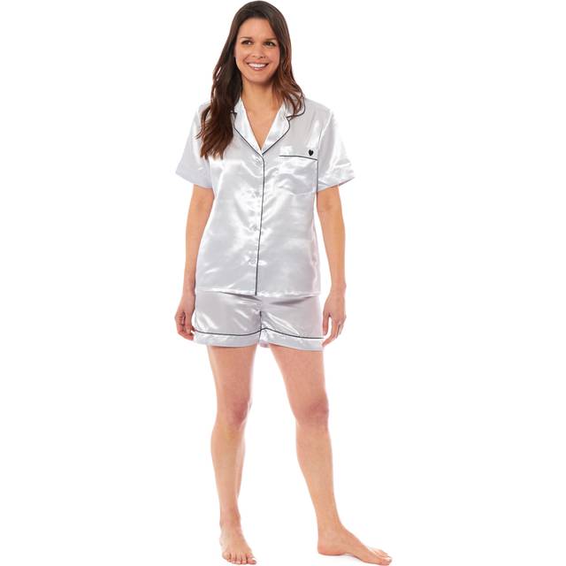 Women's Satin Silk Short Pyjama Set Soft Breathable Nightwear Loungewear PJs Black Pink Grey UK Sizes 8-22 by Daisy Dreamer, LARGE | UK 16-18 / GREY