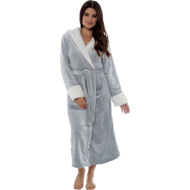Luxurious Women's Fleece Dressing Gown with Sherpa Fur Hood Plush Flannel Bath Robe Elegant Shimmer Grey Soft Cozy Loungewear by Daisy Dreamer, SHIMMER GREY / L