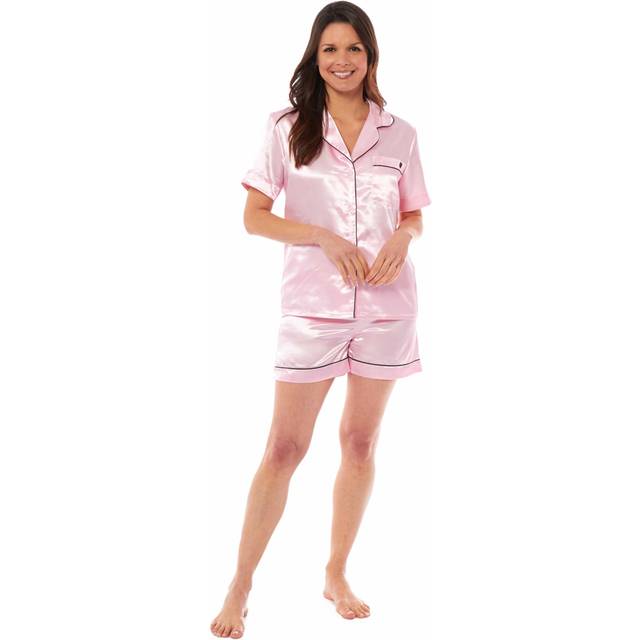 Women's Satin Silk Short Pyjama Set Soft Breathable Nightwear Loungewear PJs Black Pink Grey UK Sizes 8-22 by Daisy Dreamer, MEDIUM | UK 12-14 / PINK