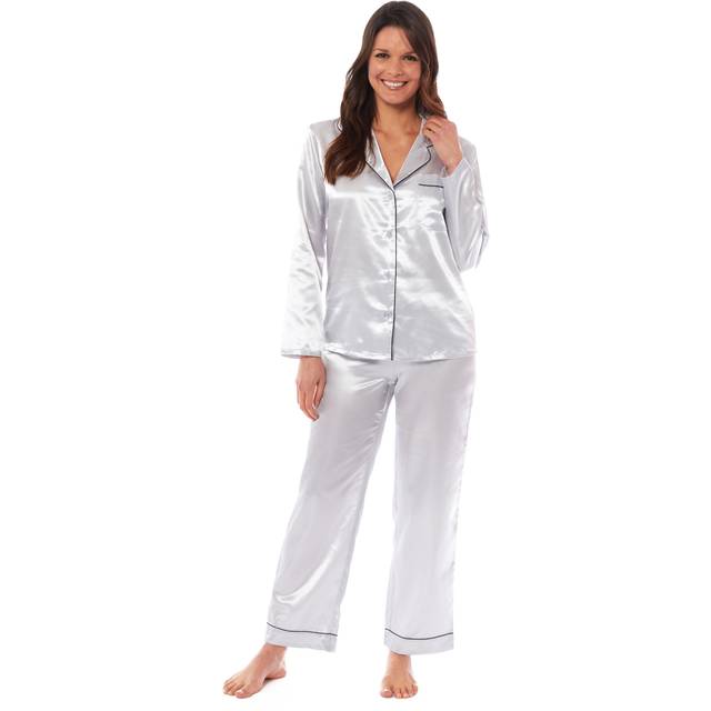 Luxurious Women's Satin Silk Long Sleeve Pyjama Set Cozy Loungewear Nightwear with Dress Shirt Collar and Loose-Fitting Pants in Black Pink Grey by Daisy Dreamer, LARGE | UK 16-18 / GREY