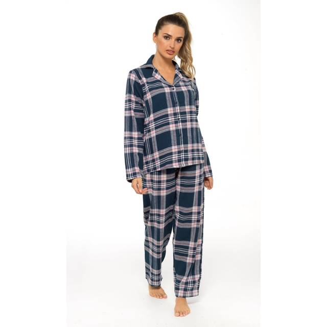 Women's Soft Brushed Cotton Flannelette Pajama Set with Elastic Waistband Cozy Check Pattern Sleepwear for All Seasons Small to XLarge by Daisy Dreamer, MEDIUM | UK 12-14 / Navy