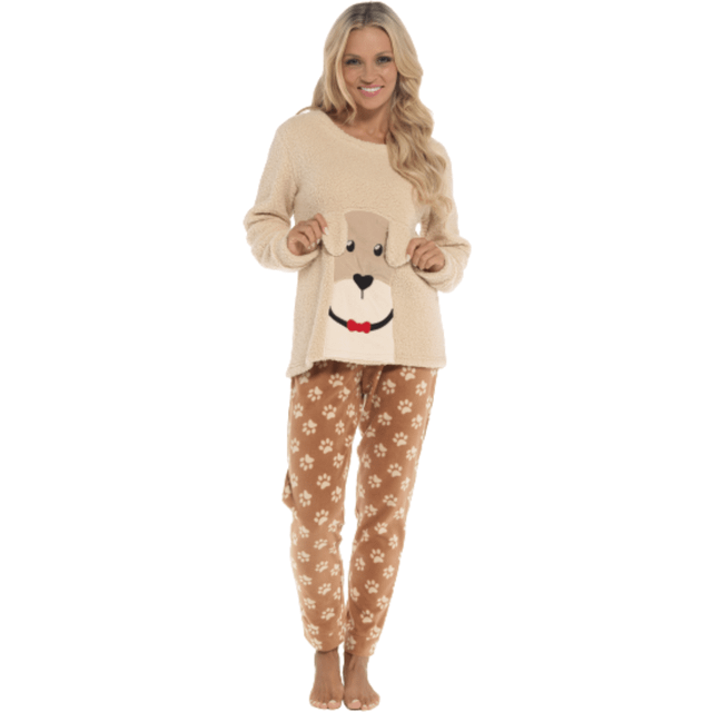 Women's Ultra-Soft Fleece Dog Snuggle Pyjama Set with Elasticated Patterned Pants Cozy Long Sleeve Top Winter Loungewear Sleepwear UK Sizes 8-22 by Daisy Dreamer, LARGE | 16-18 / DOG